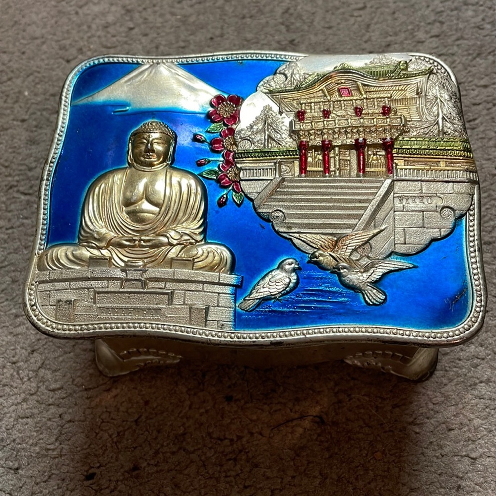 Antique Vintage Occupied Japan Metal Jewelry Box - Buddha